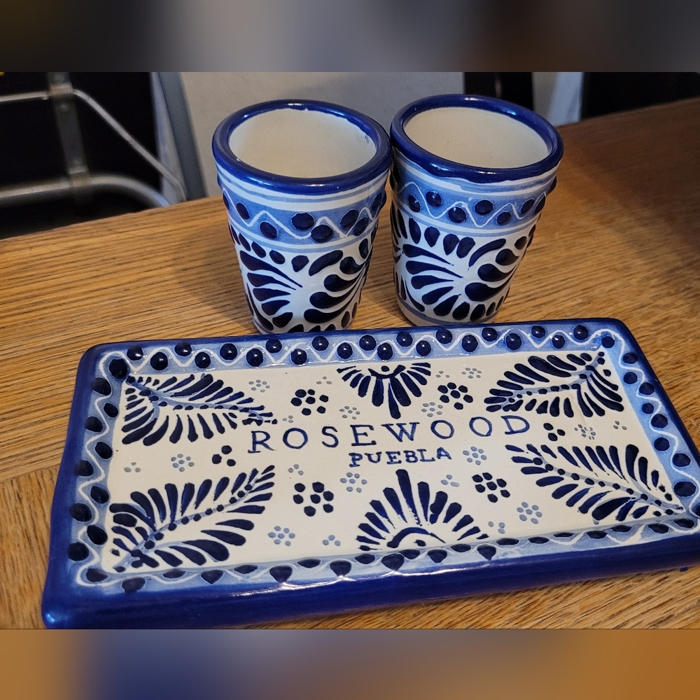 Rosewood Talavera puebla Mexico tequila shot set tray deco bar home colonial